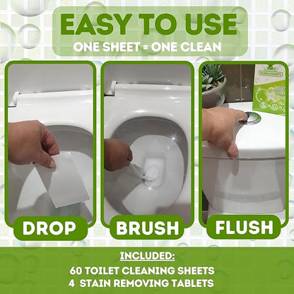 Toilet Cleaning Sheets & Descaler Tablets COMBO, 60 Toilet Bowl Cleaner Strips & 4 Toilet Stain & Ring Remover Tablets, Plastic Free, No Harsh Chemicals, Septic & Gray Water Safe, No Mess
