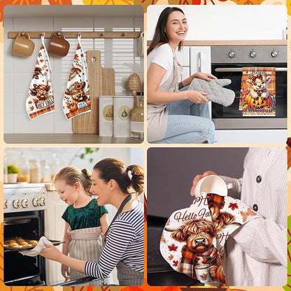 Highland Cow Fall Kitchen Towels, 6PCS Hey Fall Dish Towels Pumpkin Maple Leaf for Cooking Cleaning, Thanksgiving Autumn Decorative Tea Towel for Home Kitchen Bathroom(16 X 24 Inches)