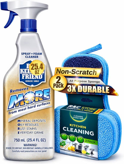 Bar-Keepers-Friend Spray and Foam Multipurpose Cleaner 25.4 oz + 2 Non-Scratch Scrub Sponges | Hard Water Stain Remover | Kitchen & Bathroom Cleaning Kit