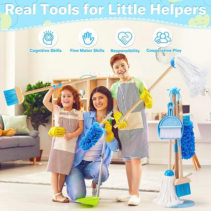 WHOHOLL 9 Pcs Wooden Kids Cleaning Toy Set, Cleaning Toys for Toddlers 3-6, Housekeeping Play Set Includes Broom Mop Duster Dustpan Sponge and Organizing Stand, Christmas Birthday Gifts for Boys Girls