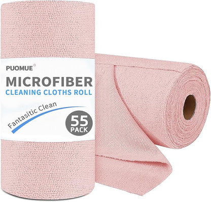 55 Pack Microfiber Cleaning Cloth Roll, Tear Away Reusable Towels, 11" X 9", Ultra Absorbent & Lint Free Microfiber Cloth for Cleaning Cars, Kitchen, Window, Home and Shop (Pink, 9"X11"-55PK)
