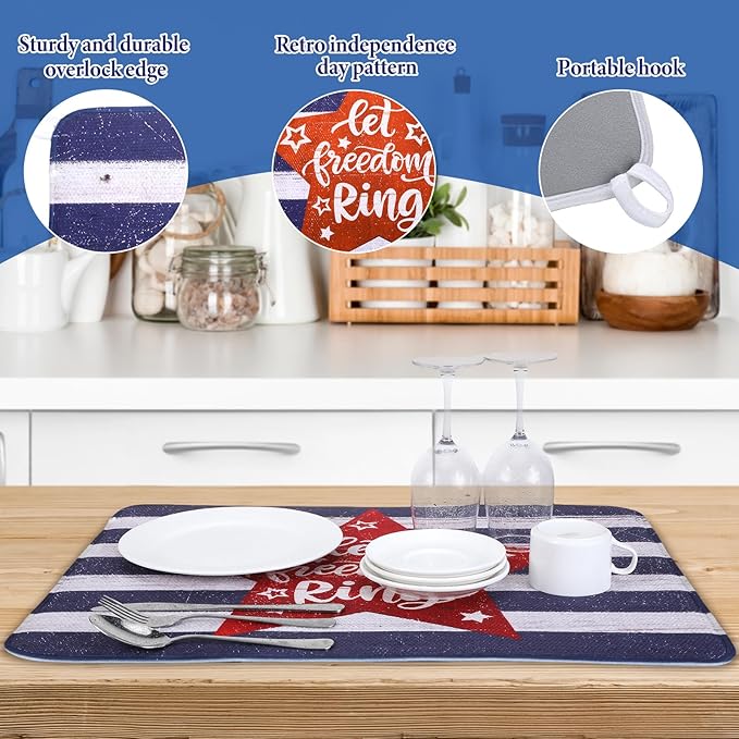 SiliFine 2 Pcs Memorial Day Dish Drying Mat for Kitchen 18 x 24 Inch 4th of July 250th Anniversary USA Patriotic Red White Blue Independence Day Star Microfiber Drainer Mat for Countertop
