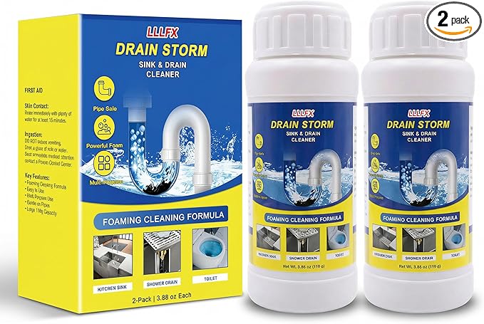 2-Pack Powerful sink and drain cleaner powder,Fast Foaming Sink & Drain Cleaner for Kitchen, Bathroom, Toilet Pipes & Floor Drains, Effectively Removes Food Residue, Hair, Grease & Soap Scum -220g