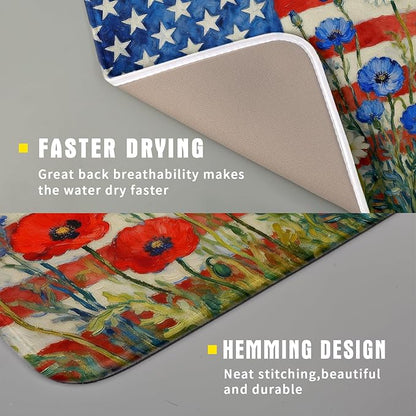 Patriotic American Flag Dish Drying Mat for Kitchen Counter 16x18 4th of July Red Blue White Floral Rustic Absorbent Reversible Microfiber Drying Mats Kitchen Countertop Protector Dishes Drainer Pad