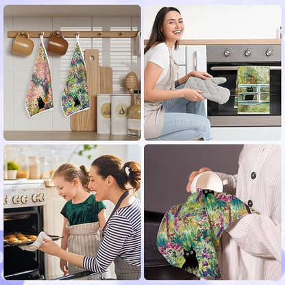Black Cat Kitchen Towels, 4PCS Cat and Flower Dish Towels for Cooking Cleaning, Absorbent Aesthetic Decorative Tea Towel with Hanging Loop for Home Kitchen(16 X 24 Inches)