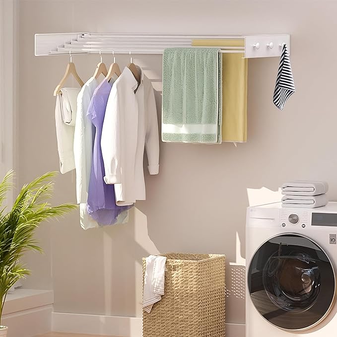 Upgrade 6 Knob Hooks Laundry Drying Rack Clothing, Wall Mounted Clothes Drying Rack 40" Wide, Large Foldable Collapsible Laundry Racks for Drying Clothes with Wall Template, 5 Aluminum Rods