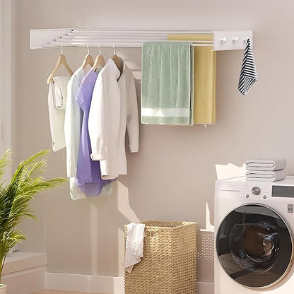 Upgrade 6 Knob Hooks Laundry Drying Rack Clothing, Wall Mounted Clothes Drying Rack 40" Wide, Large Foldable Collapsible Laundry Racks for Drying Clothes with Wall Template, 5 Aluminum Rods