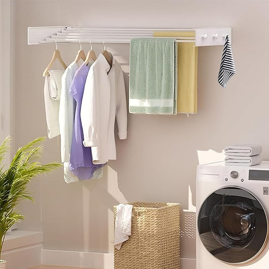 Upgrade 6 Knob Hooks Laundry Drying Rack Clothing, Wall Mounted Clothes Drying Rack 40" Wide, Large Foldable Collapsible Laundry Racks for Drying Clothes with Wall Template, 5 Aluminum Rods