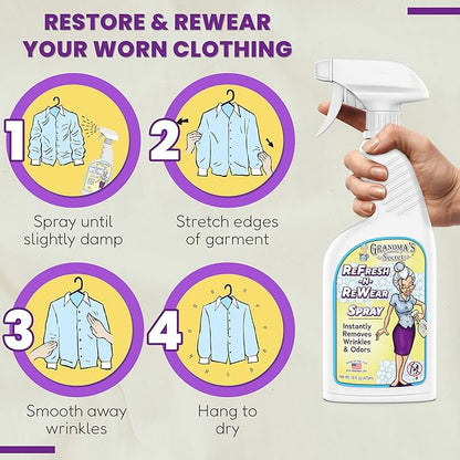 Grandma's Secret ReFresh N ReWear Spray - Instantly Removes Wrinkles & Odors - Wrinkle Release, Fabric Refresher Spray, Chlorine, Bleach and Toxin-Free - 16 Ounce