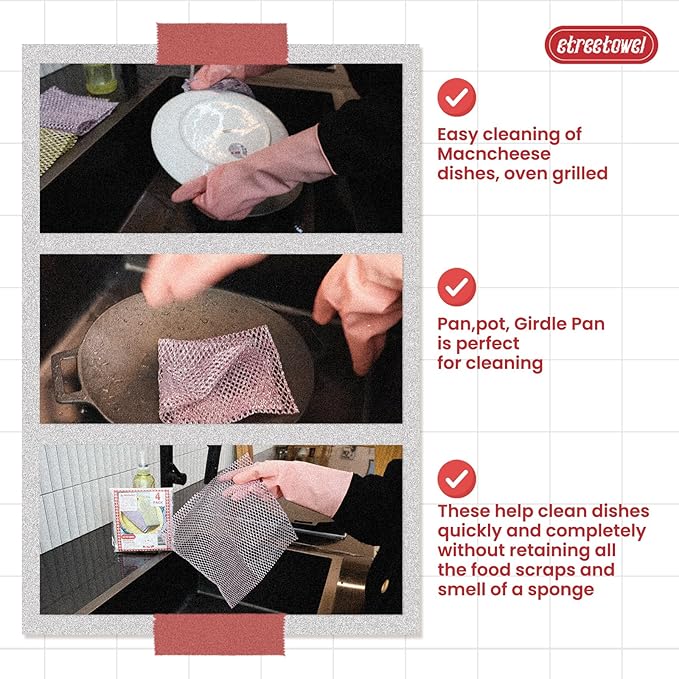 Long Duty Dish Scrubber (8PCs) Non Scratch Scourer Cloth Pads and Pot Scrubbers Netted Wash - Replace Kitchen Sponges for Dishwashing No Odor dishwash Durable Pan Cleaner