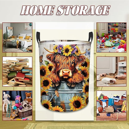 Highland Cow Laundry Basket, Sunflower Oxford Cloth Laundry Hamper, Waterproof Collapsible Storage Bin with Handles for Bedroom, Nursery Home Storage, Gift for Chritsmas Thanksgiving 13.8x17.7in