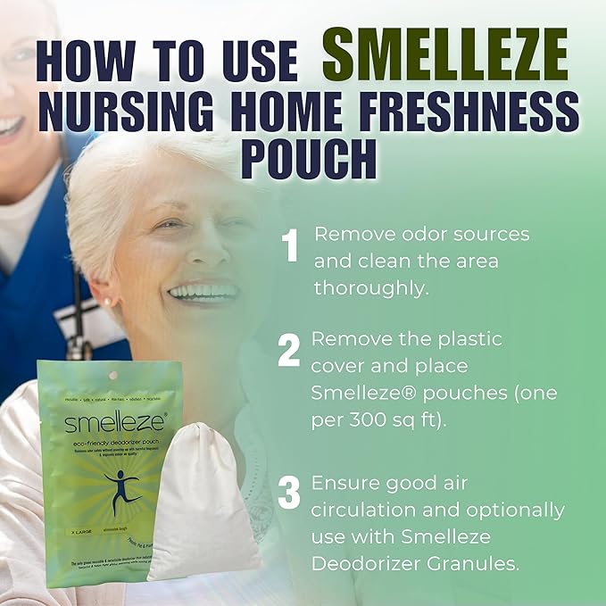 Smelleze Reusable Elderly Odor Eliminator & Nursing Home Room Deodorizer Pouch - Works for all Old Age, Sick, Nursing Home, Hospices, Urine, and Feces Smell, 150 Sq. Ft. Coverage
