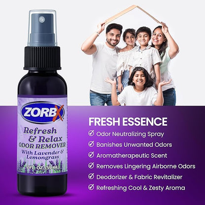 ZORBX Refresh & Relax 2 Oz Odor Remover Spray with Lavender & Lemongrass – Permanent Solution Room Freshener & Air Freshener Spray for Home, Bathroom, Furniture, Carpet, Car, Gym & Laundry