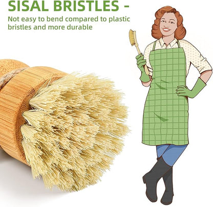 Bamboo Dish Scrub Brushes,Kitchen Wooden Cleaning Scrubbers Set for Washing Cast Iron Pan/Pot, Natural Sisal Bristles, Set of 3