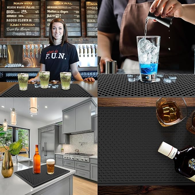 AXIESO 2 Pack Silicone Bar Mat - 1/2 Inch Thick Heat-Resistant and Food Safe Drip Mat - Spill Mats for Counter Top - Kitchen Service Mat, Coffee Bar, Restaurant - Drying Mat - 18 x 12 Inches