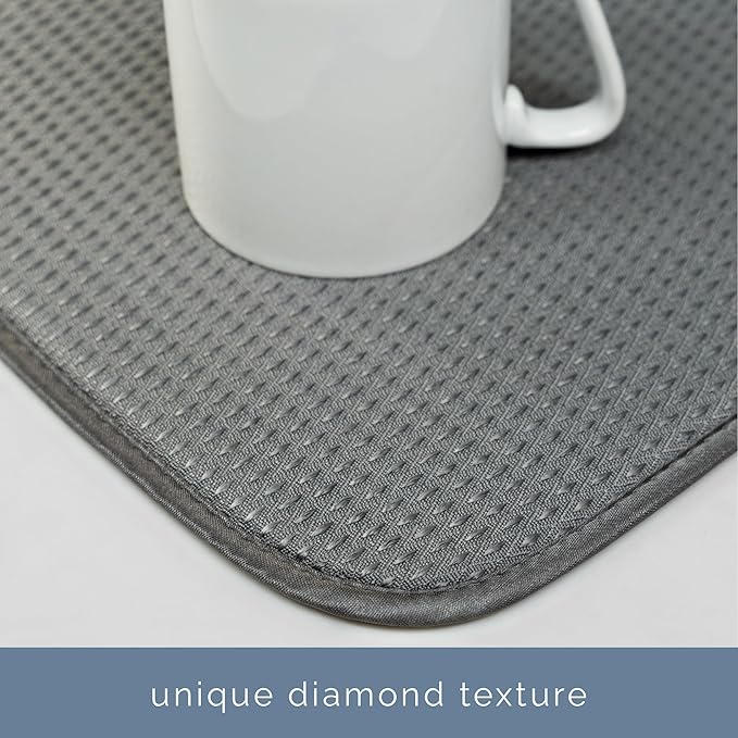 S&T INC. Dish Drying Mat, 16” x 18”, Absorbent Microfiber Kitchen Counter Mat, Drying Pad for Dishes, Utensils, Pots and Pans, Large, Diamond Texture, Grey