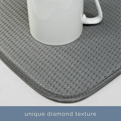 S&T INC. Dish Drying Mat, 16” x 18”, Absorbent Microfiber Kitchen Counter Mat, Drying Pad for Dishes, Utensils, Pots and Pans, Large, Diamond Texture, Grey