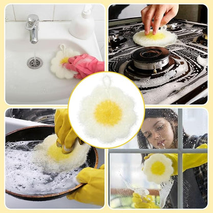 6 Piecs Daisy Shape Dish Sponge Dual Sided Non Scratch Daisy Dish Washing Scrubbers, Reusable Household Cleaning Kitchen Tools for Dishwashing Washing Dishes Cookware