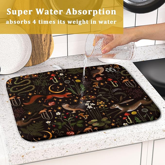 Black Mushrooms Butterfly Dish Drying Pad 16 x 18 Inch With Absorbent Reversible Microfiber Forest Wild Animals Flowers Moon Star Drying Mats Dish Drainer Mat Fast Dry For Kitchen Dining Room