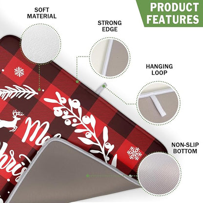 Merry Christmas Dish Drying Mat for Kitchen Counter, Red Buffalo Plaid Kitchen Drying Mat Microfiber Absorbent Dishes Pad Winter Xmas Dish Drainer Rack Mats Fast Dry Kitchen Accessories 16”x18”