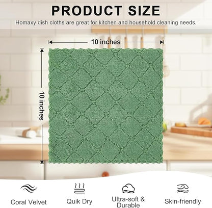 Homaxy 18 Pack Kitchen Dish Cloths (10 x 10 Inches, Grass Green), Super Soft and Absorbent Coral Velvet Dish Towels, Nonstick Oil Fast Drying Microfiber Cleaning Cloth, No Lint Household Dishcloths