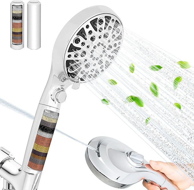 HYLER Filtered Handheld Shower Head with 8-Spray Modes and 1-Jet, 1.8 GPM Water Saving, ON/OFF Switch, 6ft Extra-long Stainless Hose, 15-Stage Strong Filter, Chrome and 1-Extra Filter