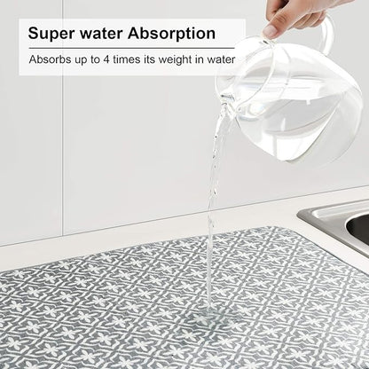 SUBEKYU Dish Drying Mats for Kitchen Counter, Microfiber Absorbent Dish Drainer/Rack Pads for Sink, 19.5*15.8 inch, Set of 2, Grey, leaf