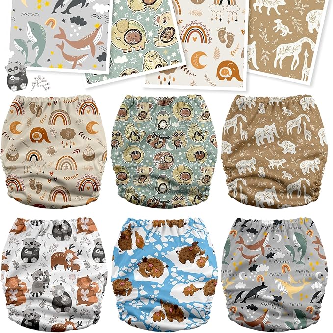 Mama Koala 3.0 Cloth Diapers for Babies with AWJ Lining, 6 Pack with 6 5-Layer Natural Cloth Diaper Inserts - Reusable and Washable Pocket Diapers(A-Animals' Love)