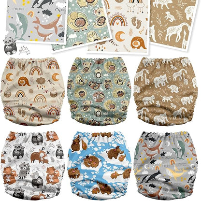 Mama Koala 3.0 Cloth Diapers for Babies with AWJ Lining, 6 Pack with 6 5-Layer Natural Cloth Diaper Inserts - Reusable and Washable Pocket Diapers(A-Animals' Love)