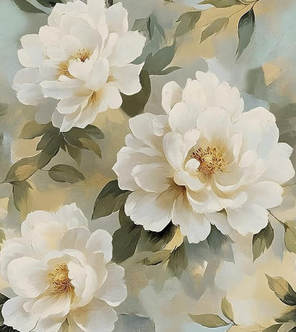 White Floral Wallpaper Peel and Stick,Beige/Green Peony Contact Paper,Oil Painting Watercolor Large Flower Wall Paper Self Adhesive Waterproof Removable for Bedroom Shelf Cabinet Drawer 17.5" x 118"