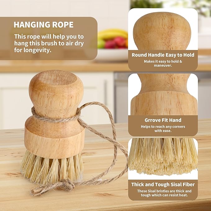 12 Pcs Bamboo Dish Brush, Wooden Bamboo Dish Scrub Brushes, Round Wooden Dishwashing Brush Sisal Bristles for Pan Pot Sink Kitchen Cleaning