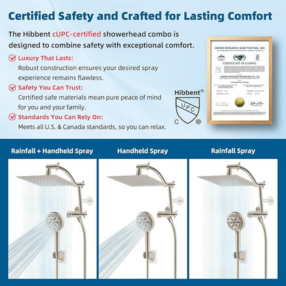 Hibbent All Metal cUPC Certified Shower Head, 8'' High Pressure Rain Shower Head, Handheld Showerhead Combo with 16'' Adjustable Extension Arm, 10 Sprays, 71'' Hose, Showerhead Holder, Brushed Nickel