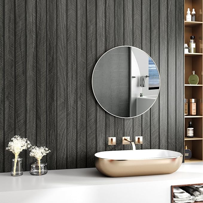 Wallercity 3D Wood Black/Grey Wall Panels Wood Slat Acoustic Panel for Walls & Ceiling Peel and Stick Textured Sound Absorbing Panel for Bedroom Living Room Vinyl Waterproof Fence Paneling 11.7x197 IN