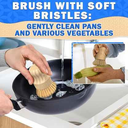 5 Pcs Bamboo Dish Brush Set – Bamboo Dish Scrubber with Soft & Stiff Non-Scratch Bristles, Ergonomic Handle, Replacement Head Included – Lightweight Kitchen Scrubber for Pots, Bottles & Vegetables