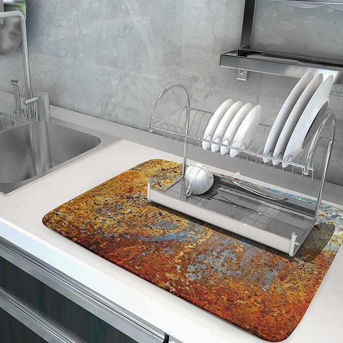 Brown Rust Colorful Metal Rusty Steel Iron Dish Drying Pad 18 x 24 Inch With Absorbent Reversible Microfiber Modern Abstract Drying Mats Dish Drainer Mat Fast Dry For Kitchen Dining Room Decor