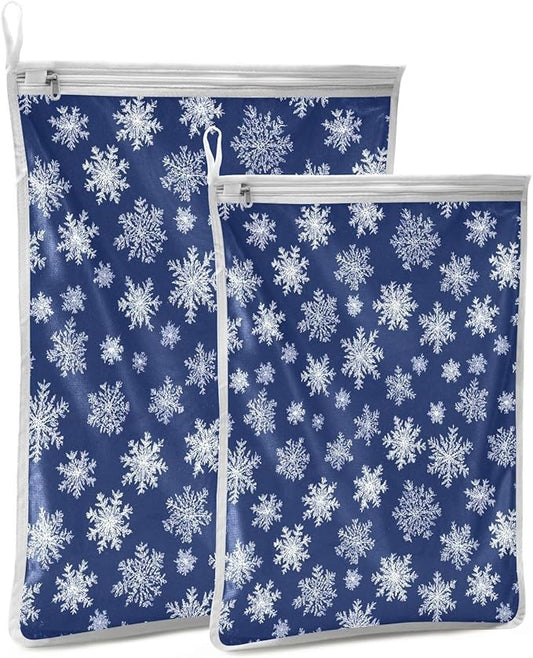 Mesh Laundry Bags Lingerie Bags for Washing Delicates 2 PCS Durable Wash Bag with Zipper Small and Medium Washable Navy Blue Snowflakes