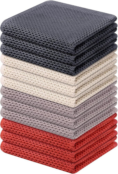 Kitinjoy 100% Cotton Kitchen Dish Cloths (12 X 12 Inches, Multicolor), 12 Pack Waffle Weave Ultra Soft Absorbent Dish Towels for Drying Dishes Quick Drying Kitchen Towels Dish Rags