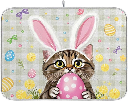 Happy Easter Day Pink Dish Drying Mat Quick Absorbent 16x18 Easter Bunny Rabbit Eggs Butterfly Lily Flowers Kitchen Drying Mat for Countertop Sink Reusable Dishes Mats Kitchen Essentials