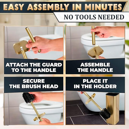 Gold Toilet Brush with Square Holder - Toilet Brush and Holder Set Gold, Stainless Steel Handle with Splash Shield, Replaceable Head and Removable Inner Cup - Freestanding Bathroom Toilet Cleaning Set