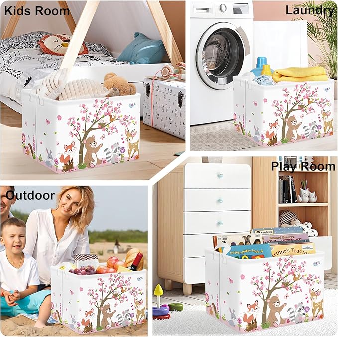 Forest Animals Laundry Hamper Woodland Tree Large Storage Basket Parents Organizer Kids Clothes Toy Bins for Bedroom, Bathroom, Pink, 36L
