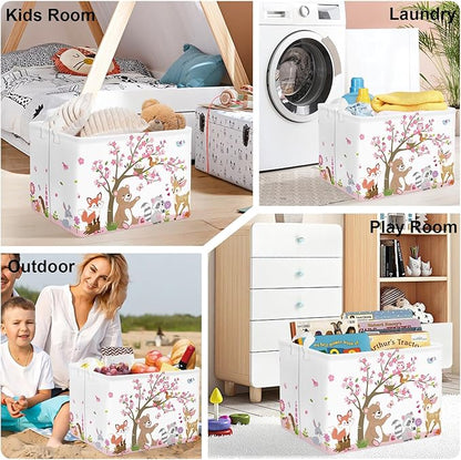 Forest Animals Laundry Hamper Woodland Tree Large Storage Basket Parents Organizer Kids Clothes Toy Bins for Bedroom, Bathroom, Pink, 36L