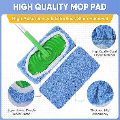 6-Pack Reusable Mop Pads Compatible with Sweeper Mop - 100% Coral Fleece Washable Refills - Microfiber Dry & Wet Sweeping Cloths for Multi-Surface/Hardwood Floor Cleaning- Blue