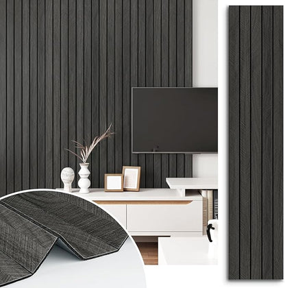 Self Adhesive Wood Slat Wall Paneling Grey/Black 3D Wood Panels for Wall Decor Soundproof Peel and Stick Wooden Grain Panel Wallpaper for Living Room Bedroom Dinner Office 11.8" x 118"