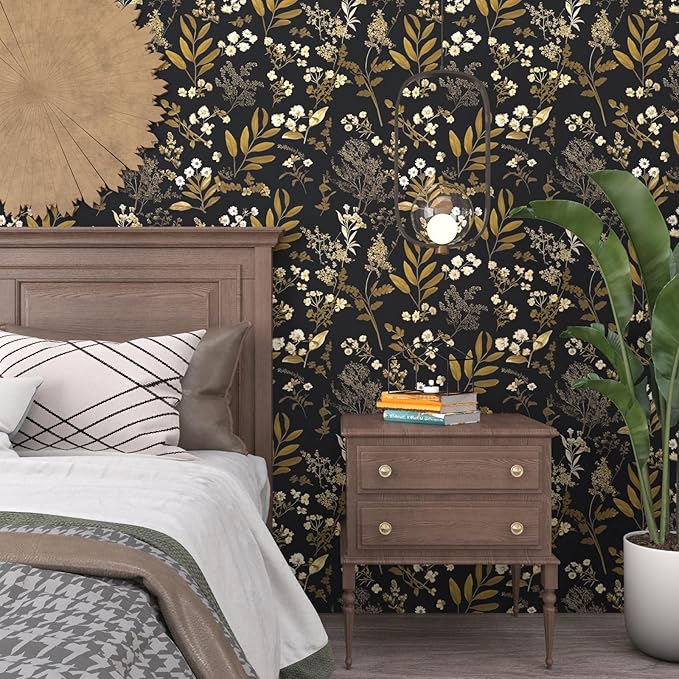 Laatse Leaf Wallpaper Peel and Stick Dark Floral Wallpaper 17.5in x 197in Vintage Leaf Contact Paper Vinyl Waterproof Self Adhesive Boho Botanical Wall Paper for Bedroom Cabinet Décor