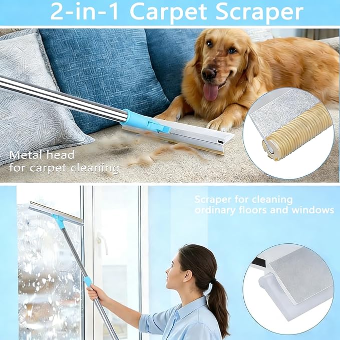 Pet Hair Removal Carpet Rake, 2-in-1 Pet Hair Removal Tool with Water Brush, Adjustable Handle, Dog and Cat Brush and Scraper, Suitable for Carpets, Floor Mats, Sofas, Furniture and Car Interiors