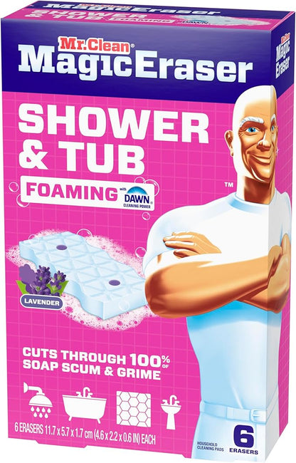 Mr. Clean Magic Eraser Sponge, Bathroom, Shower, Tub Cleaner, Soap Scum Remover, Bathroom Cleaning Supplies, Dawn Cleaning Power with Lavender Scent, Shower & Tub, 6ct