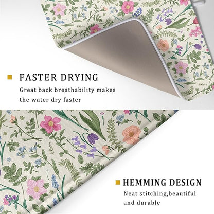 Spring Floral Dish Drying Mat for Kitchen Counter 18x24 Pink Sage Green Flower Vintage Botanical Print Absorbent Reversible Microfiber Drying Mats Kitchen Countertop Protector Dishes Drainer Rack Pad