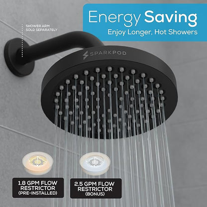 SparkPod Shower Head - High Pressure Rain - Premium Quality Luxury Design - Easy Clean Adjustable Replacement for Your Bathroom Shower Heads (Midnight Black Matte, 6 Inch Round)