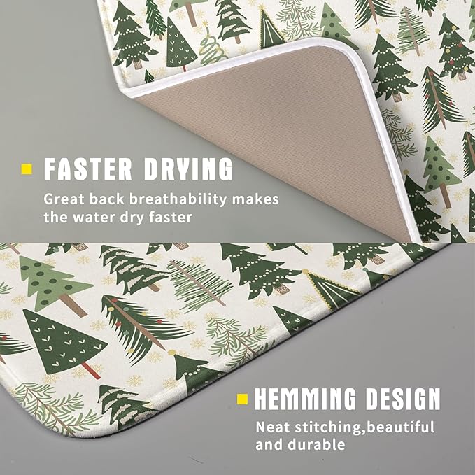 Christmas Dish Drying Mat for Kitchen Counter 16x18 Green Xmas Tree Block Print Winter Holiday Theme Absorbent Reversible Microfiber Drying Mats Kitchen Countertop Protector Dishes Drainer Pad