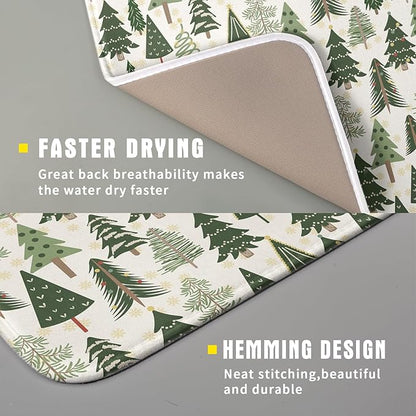 Christmas Dish Drying Mat for Kitchen Counter 16x18 Green Xmas Tree Block Print Winter Holiday Theme Absorbent Reversible Microfiber Drying Mats Kitchen Countertop Protector Dishes Drainer Pad
